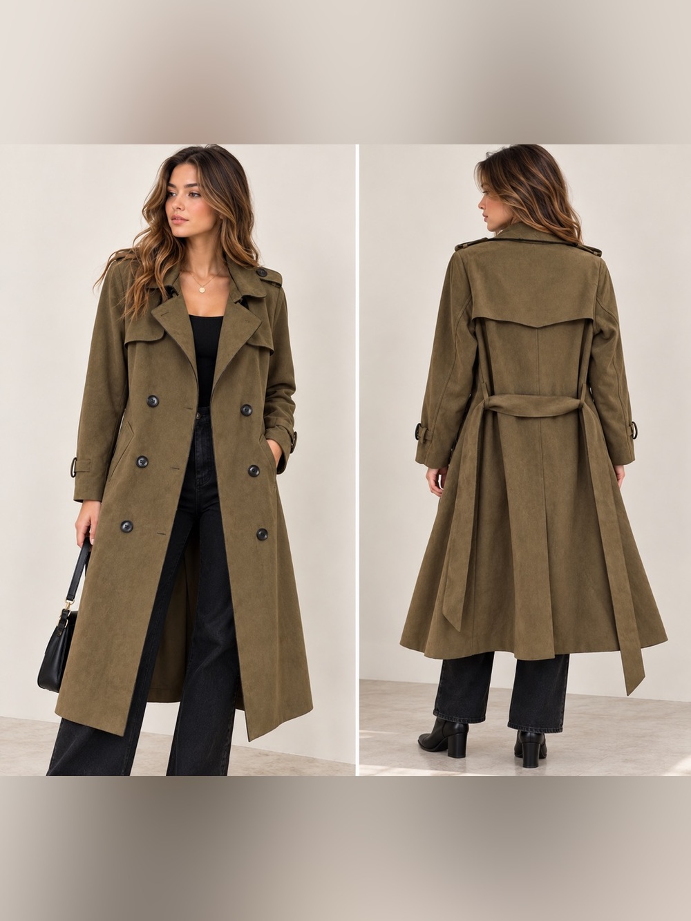 Olive Brown Faux Suede Long Double Breasted Trench Coat
